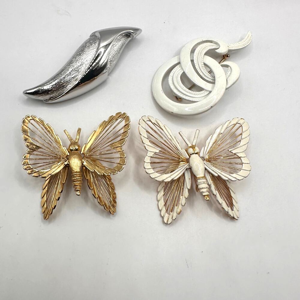 Monet Pin Lot of 4 Retro Vintage Jewelry Butterfly Gold Silver White Brooch Set
